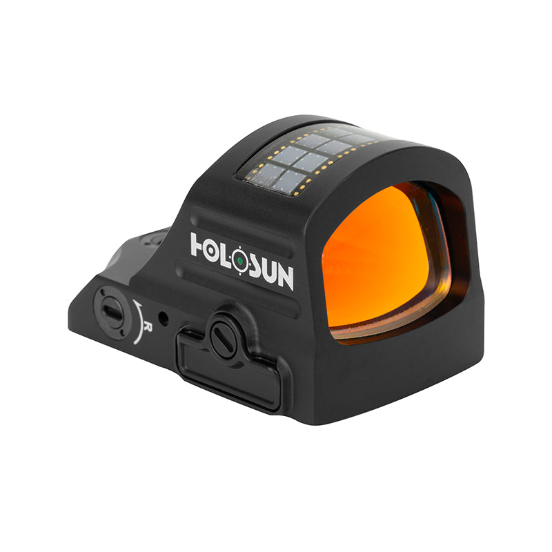 Angled view of the Holosun HE407C-GR X2 red dot sight showing lens and side controls