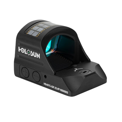 Front angle view of the Holosun HE407C-GR X2 red dot sight showing the lens and front controls