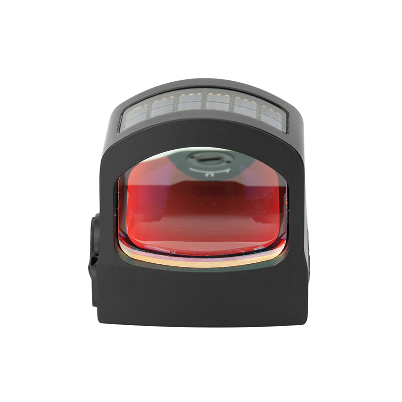 Front view of the Holosun HE407C-GR X2 red dot sight showing lens and solar panel