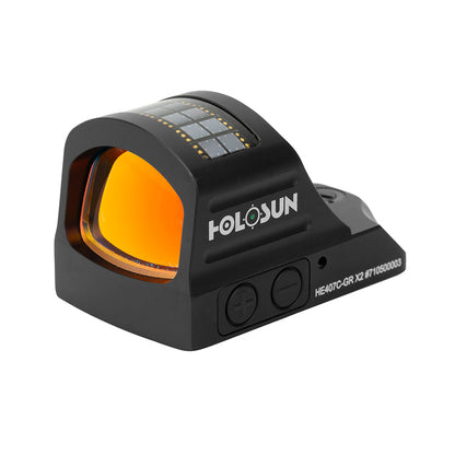 Side angle view of the Holosun HE407C-GR X2 red dot sight showing the lens and side controls