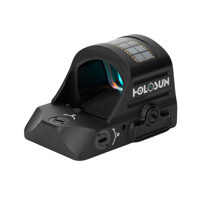 Side view of the Holosun HE407C-GR X2 red dot sight showing lens and side controls