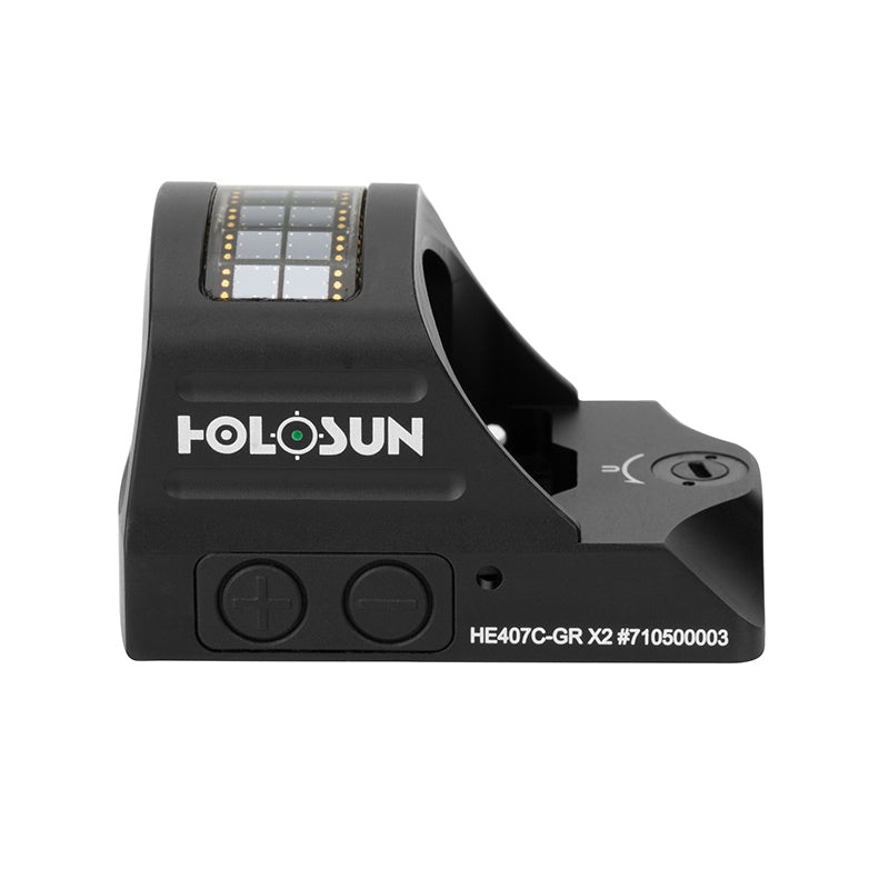 Side view of the Holosun HE407C-GR X2 red dot sight showing the solar panel and control buttons