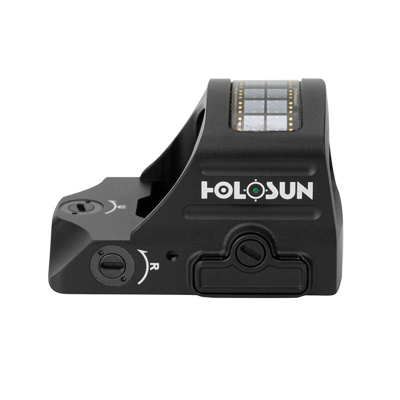 Side view of the Holosun HE407C-GR X2 red dot sight showing adjustment controls and solar panel