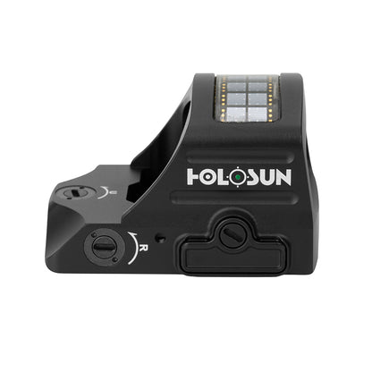 Side view of the Holosun HE407C-GR X2 red dot sight showing adjustment controls and solar panel