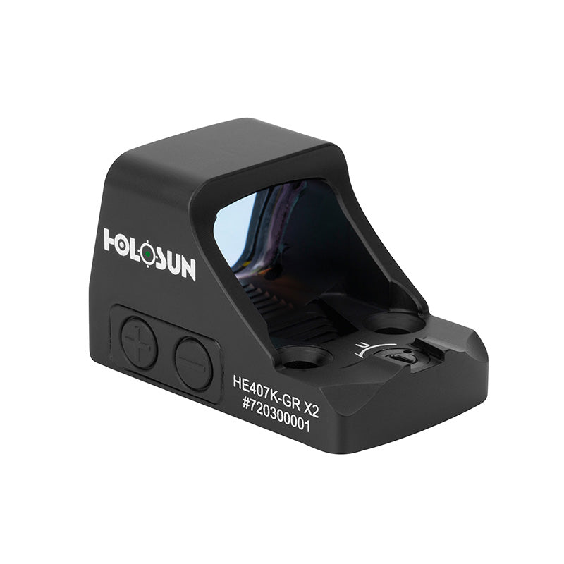Angled view of Holosun HE407K-GR X2 red dot sight