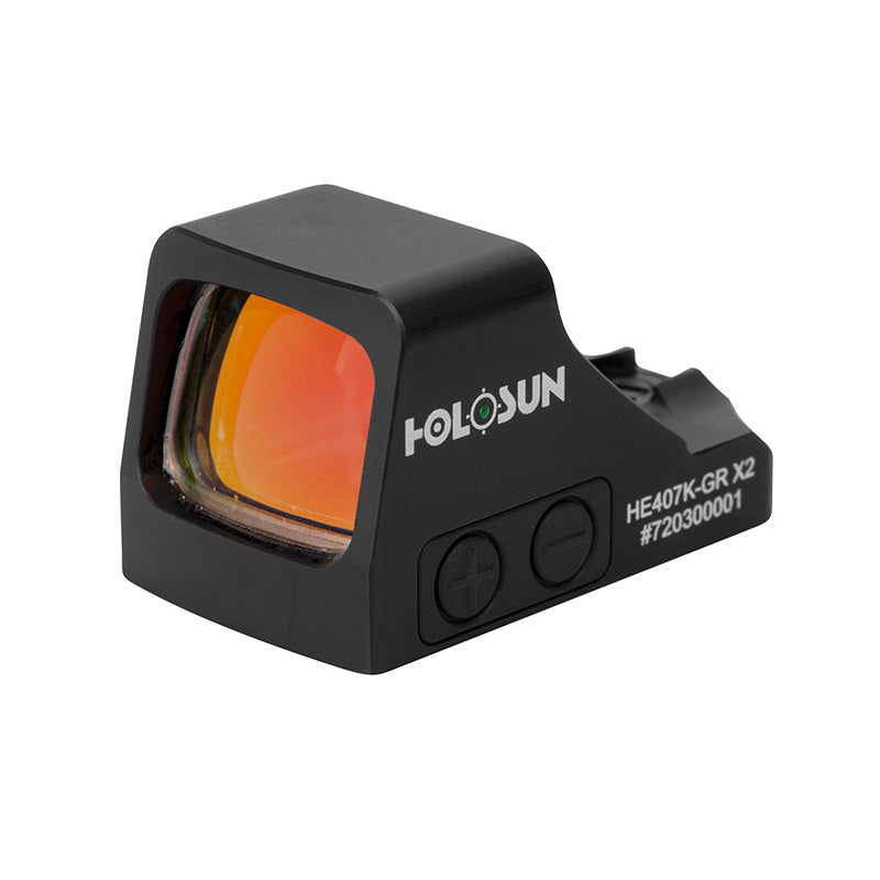 Left angle view of Holosun HE407K-GR X2 red dot sight with orange lens