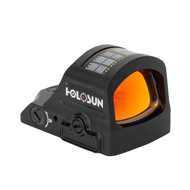 Front right view of Holosun HS407C X2 red dot sight showing the lens, solar panel, and adjustment controls