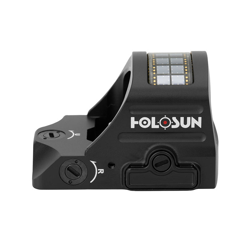 Right side view of Holosun HS407C X2 red dot sight highlighting the solar panel and adjustment controls