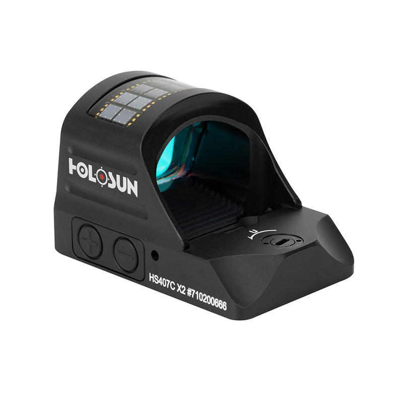 Side view of Holosun HS407C X2 red dot sight showing the lens, buttons, and solar panel