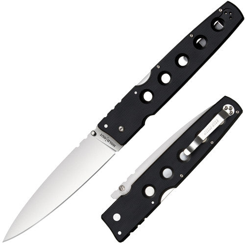 Tactical Folding Knife with Black Handle and Holes - Front and Back View